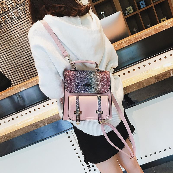 Womens Rainbow Glitter Mini-Backpack Sequins Handbag Bag Satchel