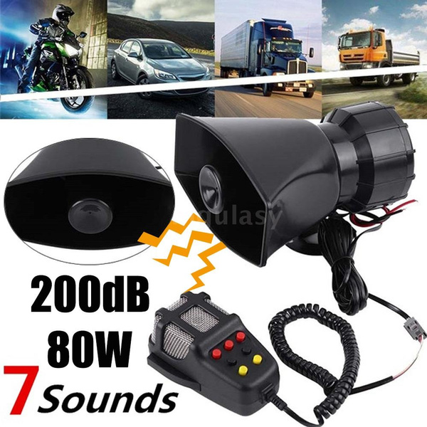 7 Sounds 200dB 80W Loud Car Warning Alarm Police Fire Siren Horn Loud  Speaker Tone MIC 7 Sound (12V)