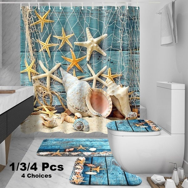 Starfish Shower Curtain Bath Mat Toilet Cover Rug Bathroom Decor Set 1/3/4Pcs 