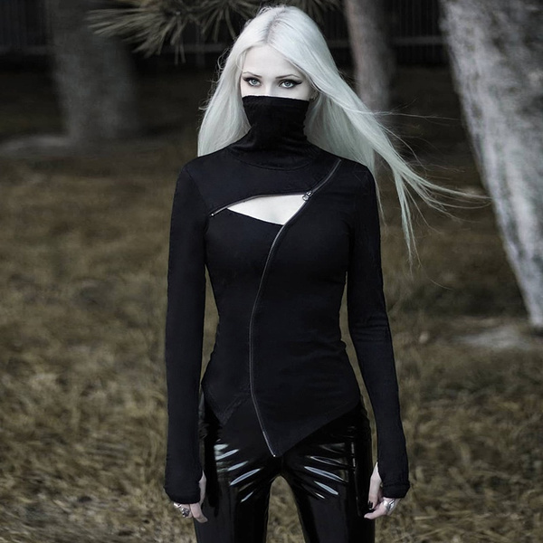 Gothic Clothing Women Irregular Geometric Patchwork Long Sleeve Tops Black  T-Shirt