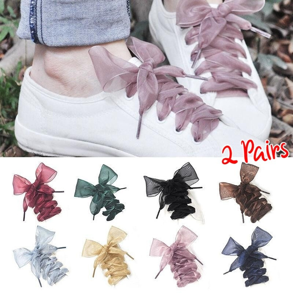 2 Pairs Shoelaces Flat Silk Satin Ribbon Sport Shoes Laces Sneakers Shoestrings 