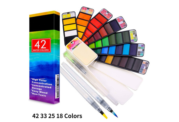 18/25/33/42 Solid Watercolor Paint Set with Water Brush Pen Foldable Travel Water Color Pigment for Draw, Size: 33colors, Black
