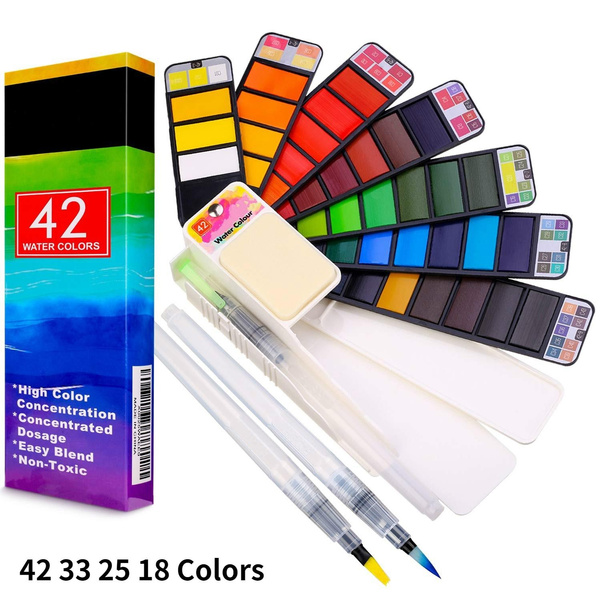 Artsy Watercolor Paint Set 42 Assorted Colors with 3 Brushes Perfect Foldable