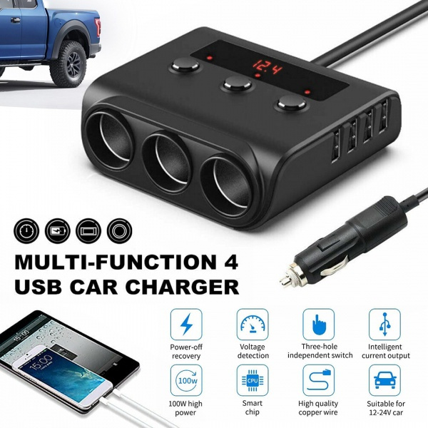 12V 3 Way Multi Socket Car Cigarette Splitter Lighter Adapter USB Plug  Charger