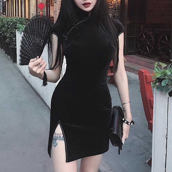 Suede Modified Cheongsam Dress Slim fit Black Dress