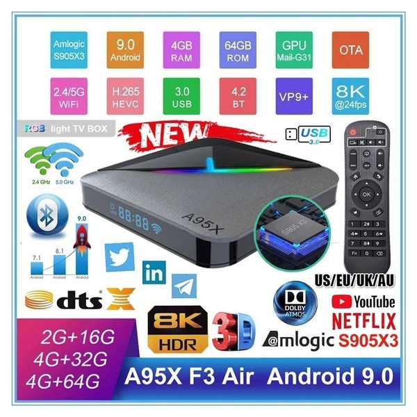 Newest 8k Rgb Light Tv Box 4gb 64gb Smart Tv Box Android 9 0 5x F3 Air Amlogic S905x3 Wifi 4k 60fps Netflix Youtube Media Player Quad Core 2 4 5g Dual Wifi Usb