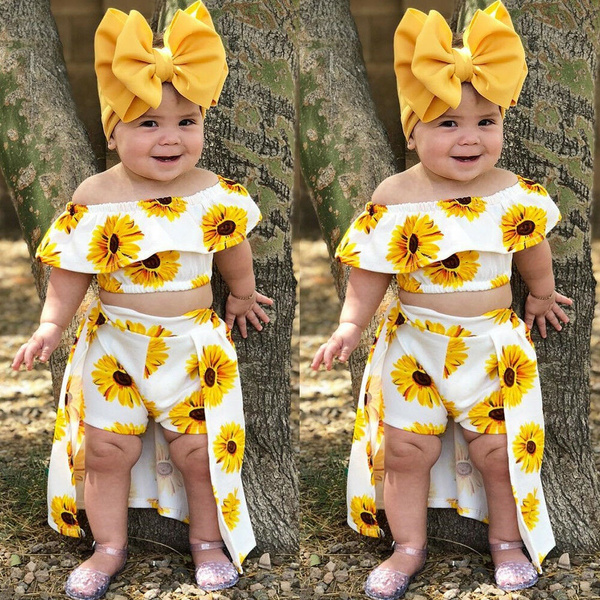 3PCS Toddler Kids Baby Girl Sunflower Crop Tops Shorts Dress Outfits Sunsuit 