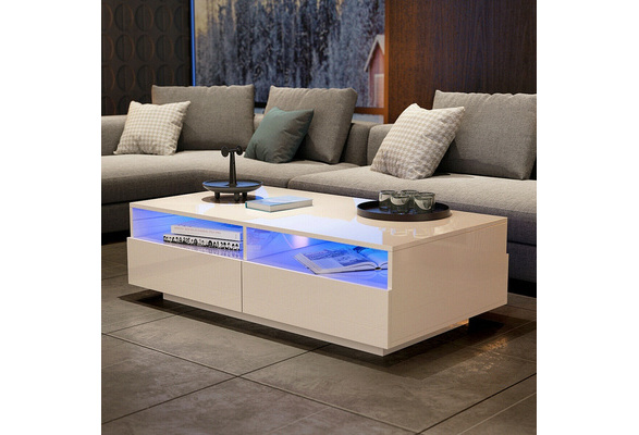 High Gloss White Rectangle Coffee Table, White Coffee Table With Led Lights