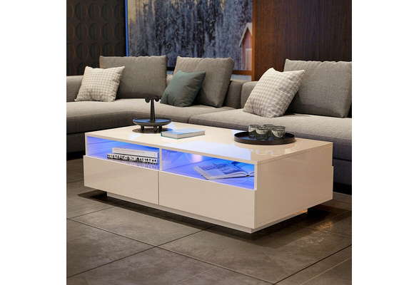 High Gloss White Rectangle Coffee Table Modern Side End Sofa With Led Light 4 Drawers Wish High Gloss White Rectangle Coffee Table, White Coffee Table With Led Lights