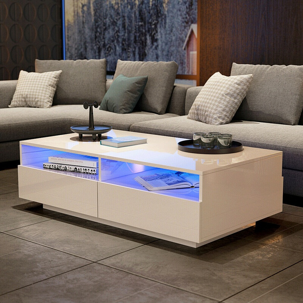 High Gloss White Rectangle Coffee Table, Modern White Gloss Coffee Table With Storage