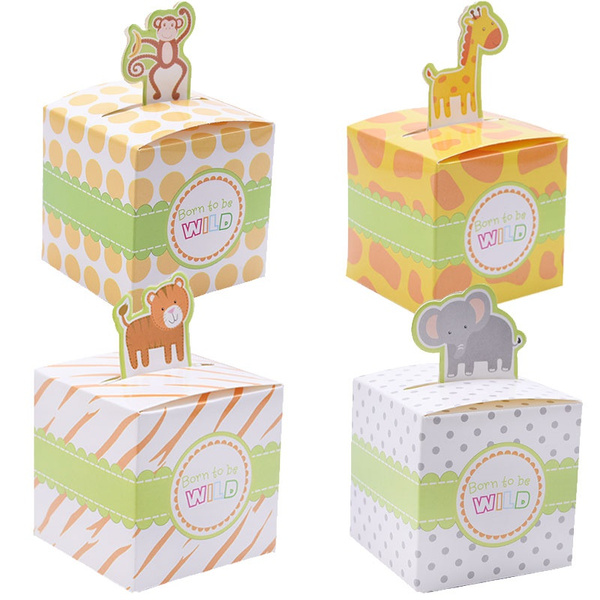 Elephant Weryffe 50PCS Born To Be Wild Party Favor Box Cartoon Cute Animal Printed Candy Box Square Sugar Chocolate Wrapped Gift Box For Children Kids 