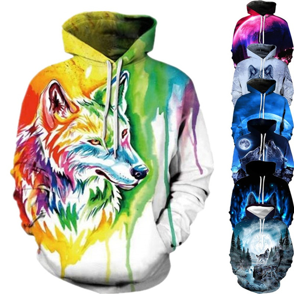 2020 New Men Youth Fashion Casual 3D Printing Wolf King Hoodie