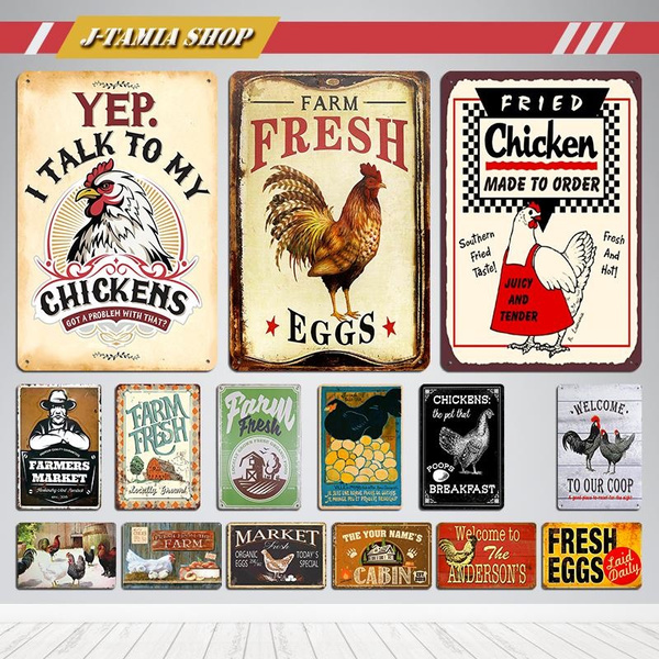 TIN SIGN Fresh Eggs Rooster Metal Décor Chicken Coop Kitchen Cottage Farm A826 