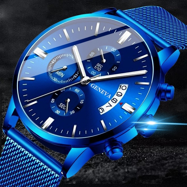 2020 Hot Men Blue Fashion Watches Stainless Steel Mesh Belt Quartz  Chronograph Calendar Watch Men Luxury Business Analog Wrist Watches Mens  Clock | Wish