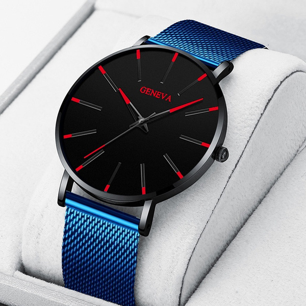 Fashion Mens Blue Watches Geneva Men s Business Watches Luxury Stainless Steel Watch Mesh Belt Clock Casual Ultra thin Quartz Wristwatch Montre Homme