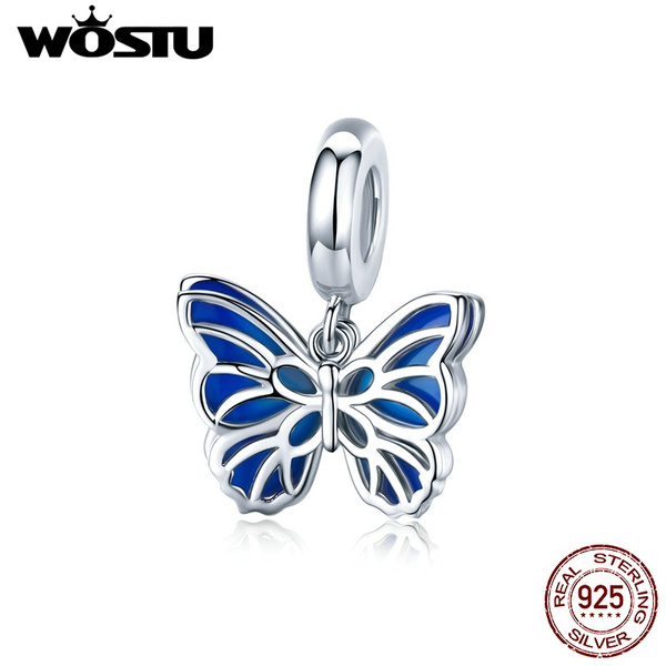 Wostu 925 Sterling Silver Double Openwork Butterfly Pendant Charm for  Bracelet Women Blue Enamel Fashion Jewelry Making