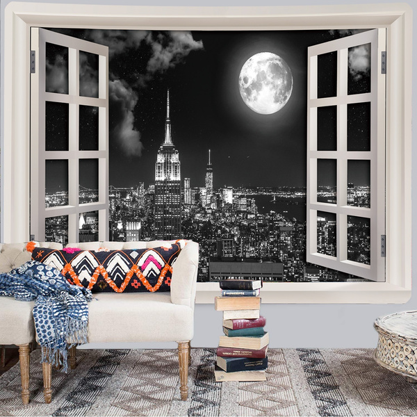 Moon Night Black Grey Ocean View Tapestry Wall Hanging for Bedroom Living Room 