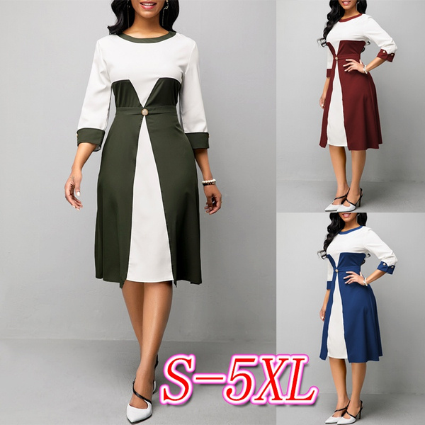 High Waist Color Block Three Quarter Sleeve Dress