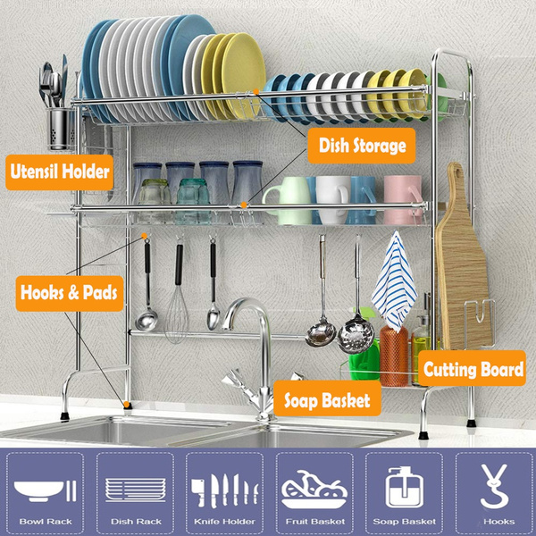 2-Tier Dish Rack Width Adjustable Dish Drainer for Kitchen Organization Storage Shelf Dish Dryer Rack Utensils Holder for Countertop with 5 Utility Hooks BASSTOP Over The Sink Dish Drying Rack 