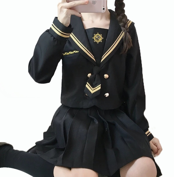 Japanese Sailor School Uniform Womens Girl Long Sleeve Pleated Skirt Costume Set 
