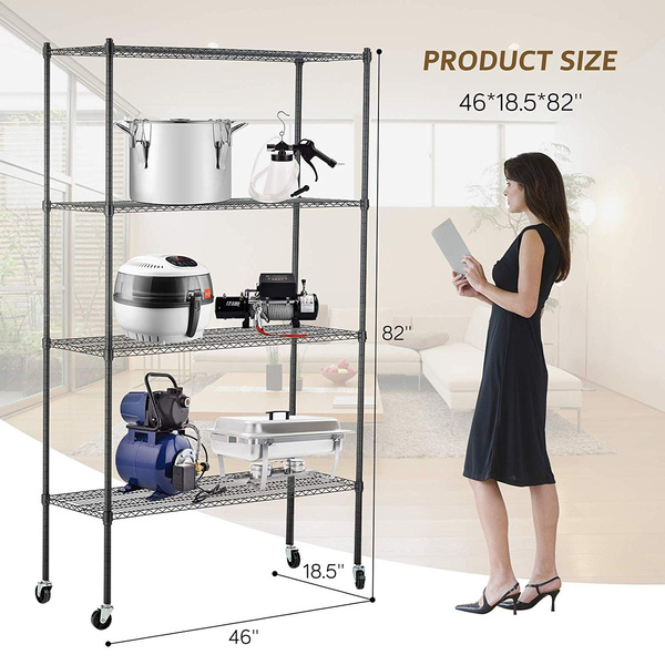 46"x18.5"x82" Adjustable Wire Shelves 4-Tier With Wheels Kitchen Shelving Black 