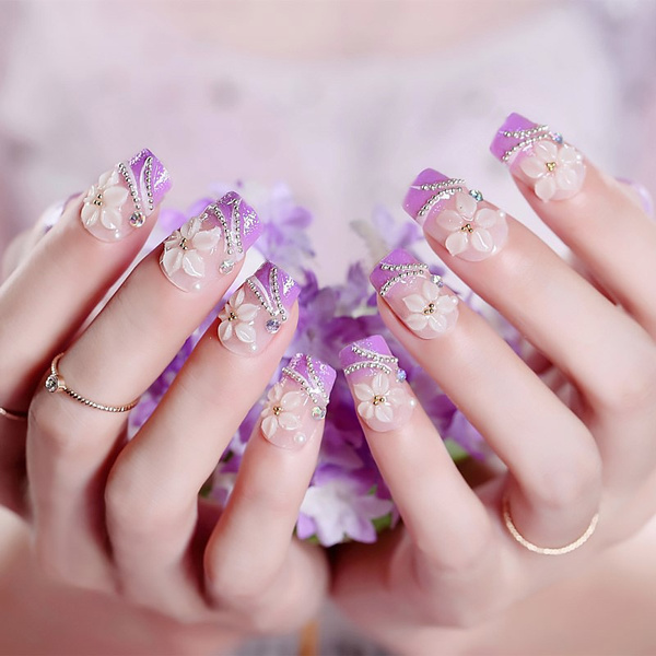 24pcs Women Fashion Nail Art Tips Girls Natural Flower Carved Fake Nails Long Size Light Purple Color False Nails Wish