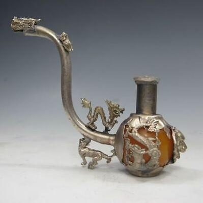 Old Handwork Inlay Yellow Jade Tibet Silver Dragon Smoking Pipe Collectible 