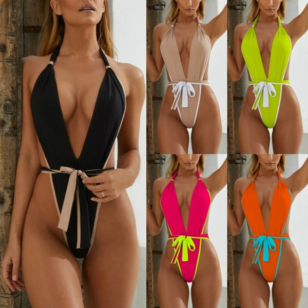 Women Sexy Deep V Neck Backless Bandage Swimsuit Female Fashion