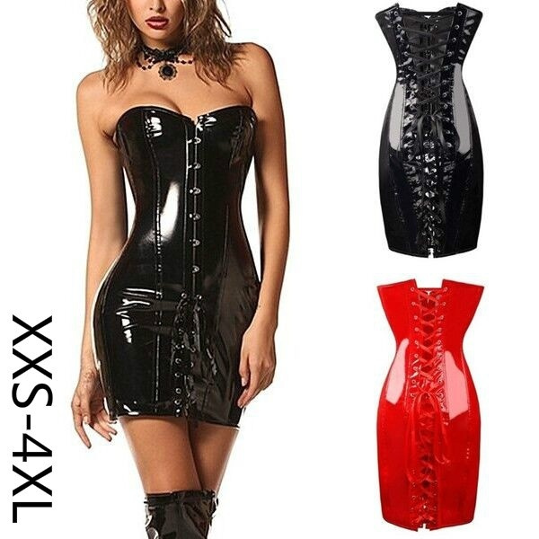 black latex corset dress