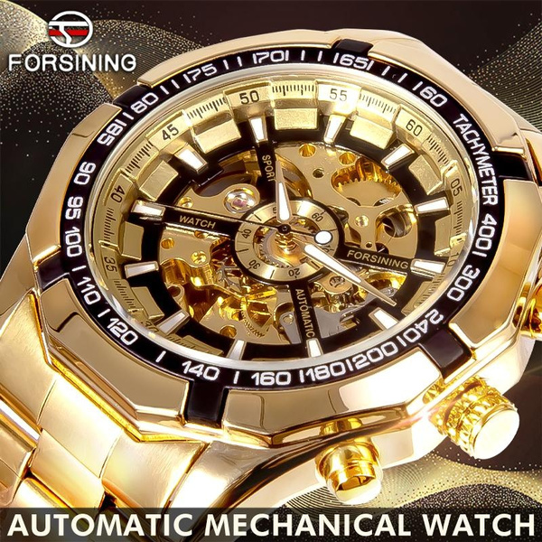 FORSINING Men Watch Gold Stainless Steel Waterproof Skeleton