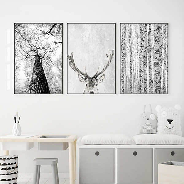 Black White Deer Nordic Style Wall Art Canvas Print Painting Decoration 