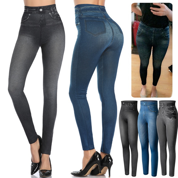 Womens High Waist Denim Jean Leggings Stretch Skinny Jegging Elastic Slim Pants 