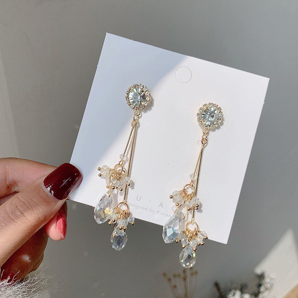Long Tassel Stud Earring Crystal Drop Earrings Water drop Drop Dangle Jewelry