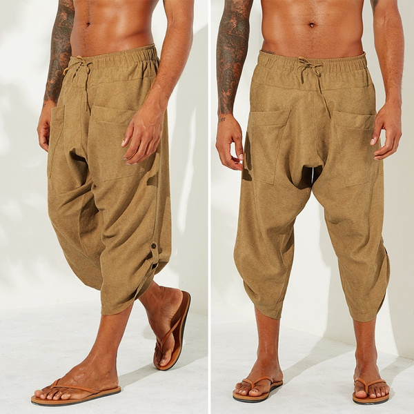 Baggy Cross Pants Men 2023 Cotton Linen Calf Length Pants Harem Pants  Korean Style Hip Hop