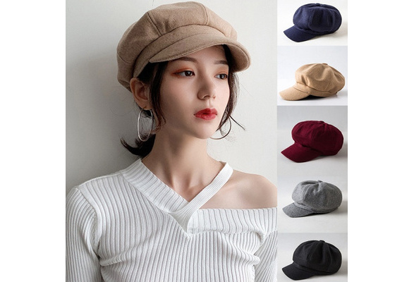 Damen Stilvolle Wollfilz Baker Boy Cap PU Schirmm/ütze Newsboy Winterm/ütze Fiddler Cap Cabbie Cloche Hat Satin gef/üttert S//M