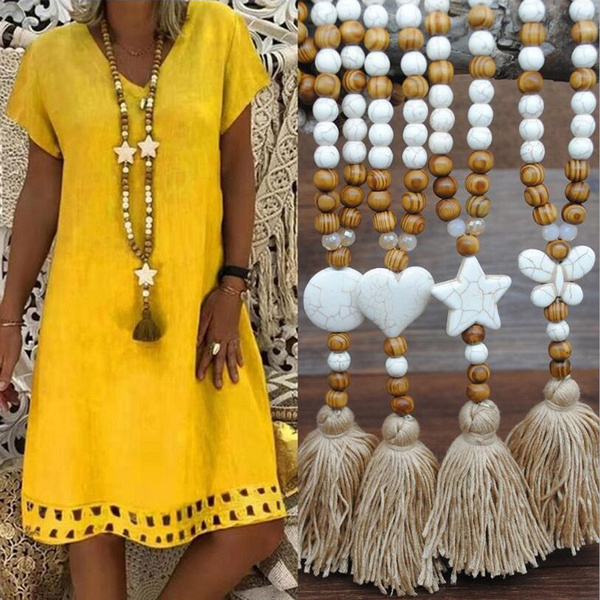 Handmade String Beads Long Necklace Fringed Sweater Chain Costume