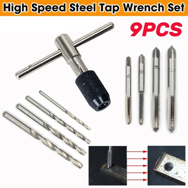 Tap Wrench 9PCS/Set Screw Taps & T-Shaped Wrench & Twist Drill Bits Threading Tapping Hand Tool Kit 