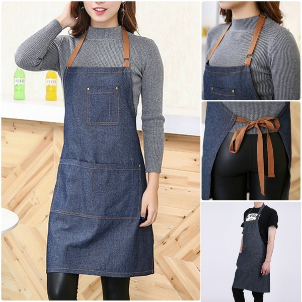 Adults Denim Blue Cooking Kitchen Restaurant Work Bib Apron Dress with Pocket~ZT