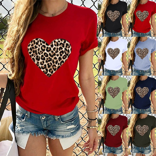 Blouse Tops Leopard Women Heart-Shaped O Neck Casual Print Short Sleeve T Shirt 