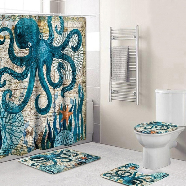 Shower Curtain Toilet Lid Cover Bath Mat Octopus Bathroom Set Non-Slip Rug 