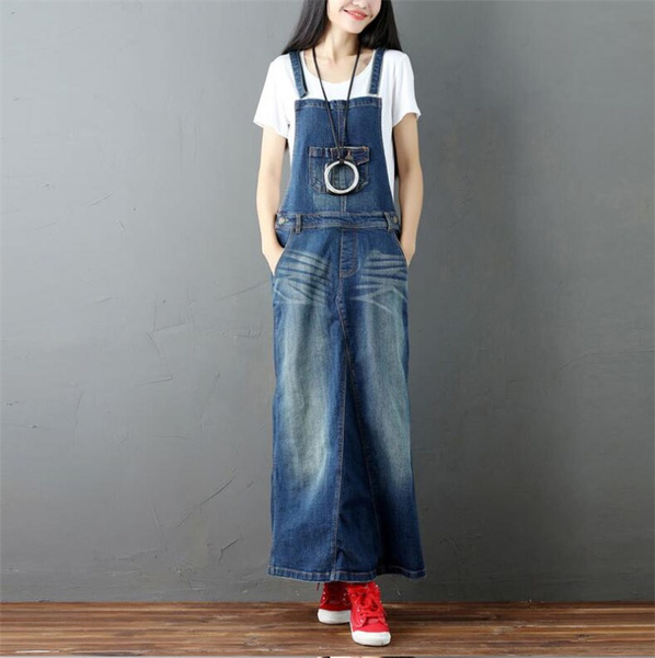 Maxi Denim Dress Women Baggy Suspenders 