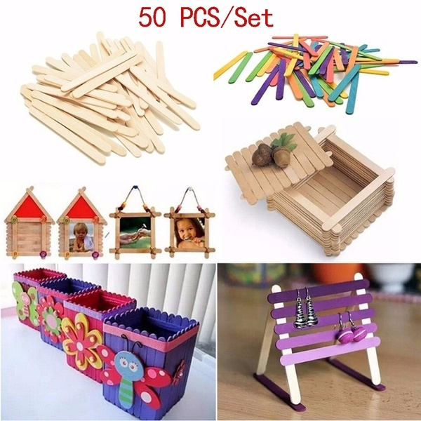 Colored Wooden Popsicle Sticks Natural Ice Cream Sticks Kids DIY Hand  Crafts