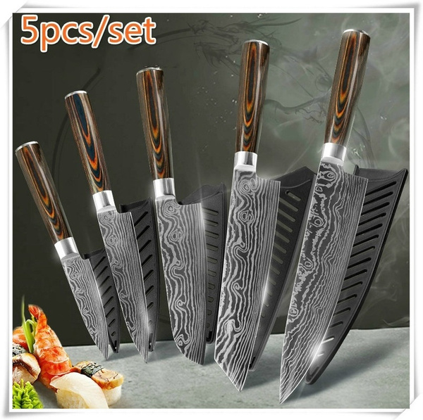 Kitchen Knife Set Damascus Kitchen Knife 7CR17 440C High Carbon Stainless  Steel Sanding Laser Pattern Stainless Steel Knife Kitchen Knife Chef Knives  Japanese Wood Handle with Knife Cover