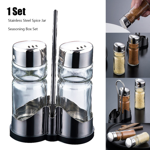 Spice Jar Seasoning Box Stainless Steel Salt Sugar Pepper Glass Bottle Condiment Storage Container 2pcs set