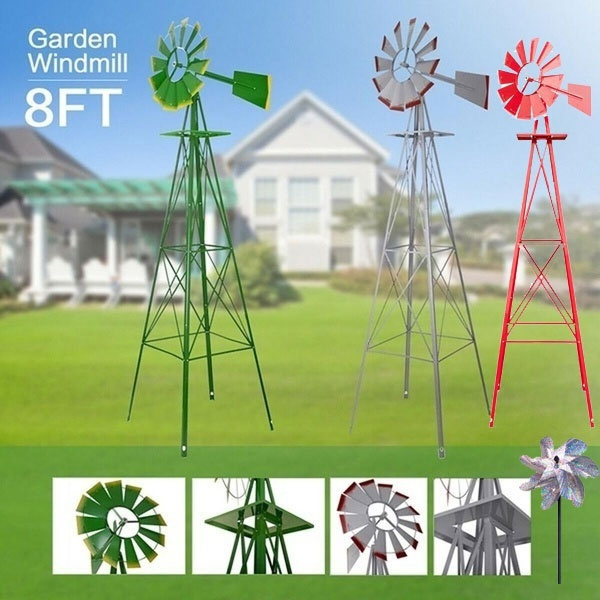 HAPPYGRILL Large 8ft Windmill Yard Garden Metal Ornamental Wind Mill for Garden Lawn Backyard Grey 