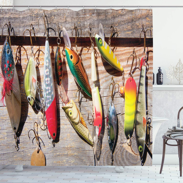 Decorative series polyester fabric. Fishing lure bathroom shower
