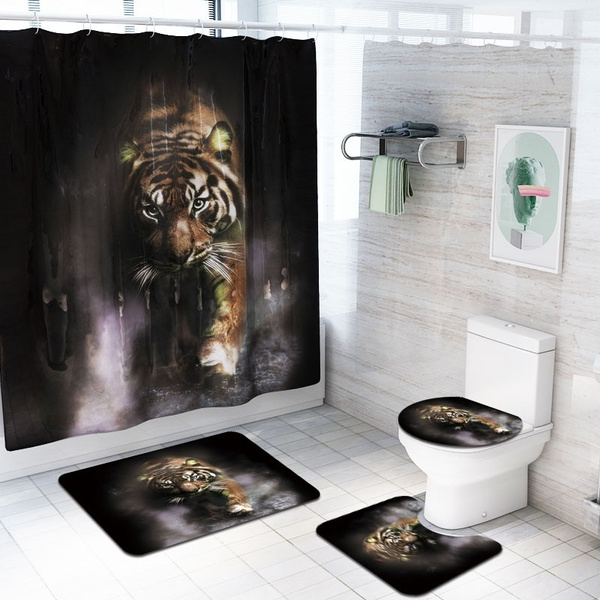 1 3 4pcs Tiger Print Bathroom Decor, Tiger Shower Curtain Set