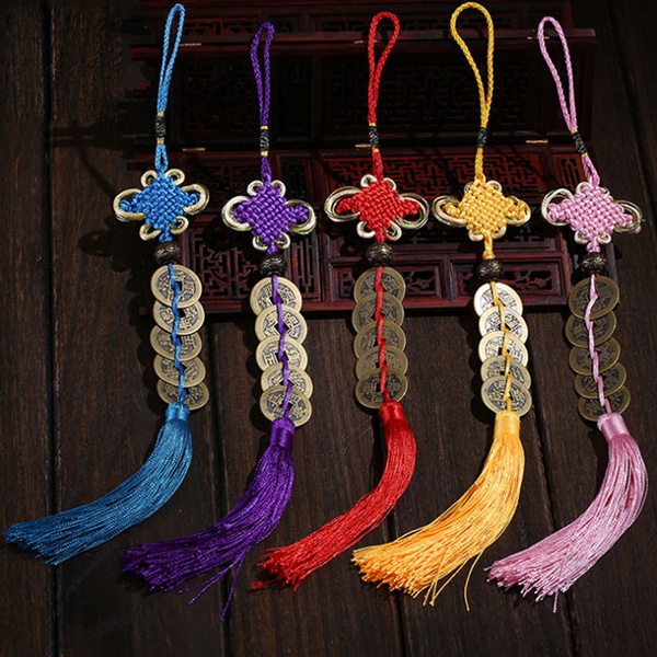 Car Decoration Rear View Mirror Hanging Accessories Feng Shui Lucky Bell  with Wealth Charm 7 Chinese Coins Wealth Ornament; Good Luck, Vastu, Money;  Home, Office Decor Gift Items/Products, Divya Mantra