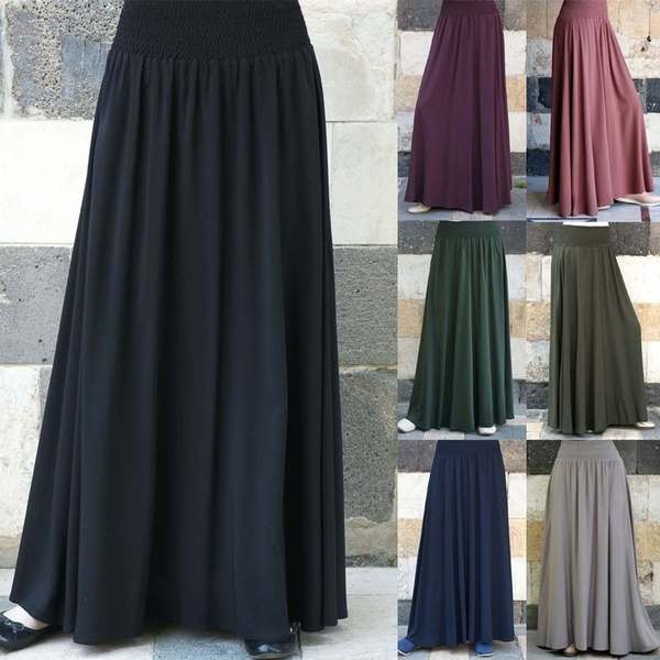 Women Fashion High Waist Long Skirt Pleated Solid Color Maxi Dress ...