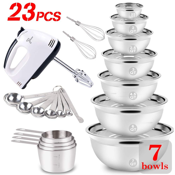 23PCS Stainless Steel Mixing Bowls Set Electric Hand Nesting Mixer Bowl  Measuring Cups And Spoons Bread Cake Cookies Baking Prepping Kitchen  Gadgets Supplies Tools For Starter Beginner – Casazo